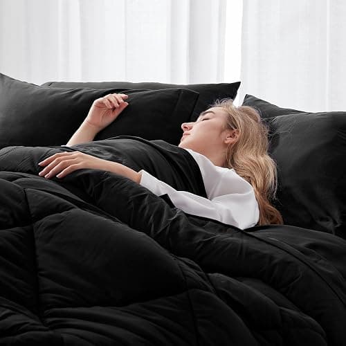 Newspin Full Comforter Set Black - Bed in a Bag Full Size 8 Pieces, All Season Bed Set, Fluffy Comforter Set with Sheets, Sheet Set Quilt Blanket, Pillowcases & Shams & Bed Skirt - Black - Diamond - Full thumbnail 2