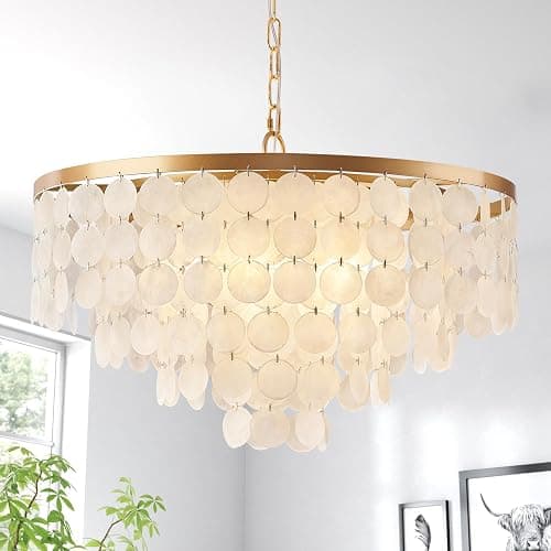 HLMRCHEN 24" Capiz Shell Chandelier, 5 Light Gold Dining Room Light Fixture Modern Coastal Chandeliers for Bedroom Bathroom Kitchen and Foyer(White Seashell Lighting Fixtures) - Image 1