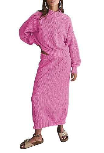 Pink Queen Women's 2 Piece Sweater Set Outfits Long Sleeve Oversized Top Bodycon Maxi Long Skirt Knit Dresses - Image 1