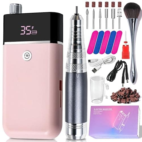 Moskany Professional Electric Nail Drill Kit Pink Portable Rechargeable Cordless Nail File Machine 35000 RPM with 7PCS Bits for Acrylic Gel Powder Nails Polish Pedicure Toenail Tool Salon Set - Image 1