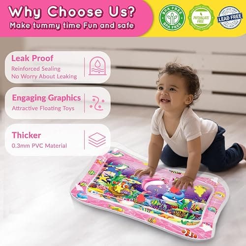 Infinno Baby Water Play Mat, Tummy Time Sensory Toy for Newborn 3-9 Months | Leakproof liquid filled cushion, encourages neck strength and motor skills, easy fill and drain, infant gift idea thumbnail 5