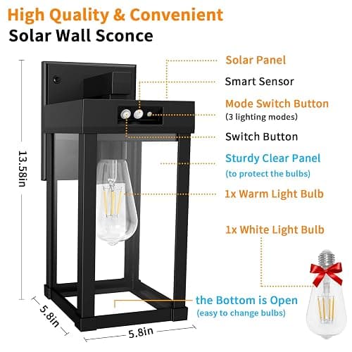 Solar Wall Lights Outdoor with 3 Lighting Modes & Motion Sensor, Solar Porch Light with 2 Bulbs, Waterproof Outdoor Wall Sconce Lantern Lamp Fixture for Garage Porch Shed Barn Yard Garden Front Door thumbnail 5
