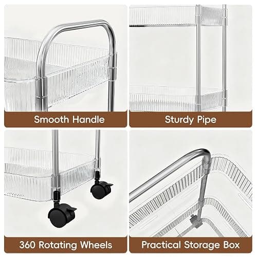 STARLATTA 3 Tier Rolling Cart with Lockable Wheels, Clear Acrylic Utility Trolley with Handle, Heavy-Duty Storage Organizer for Kitchen Bathroom Nursery Laundry - Snack Book Craft Organizer (Clear) thumbnail 4