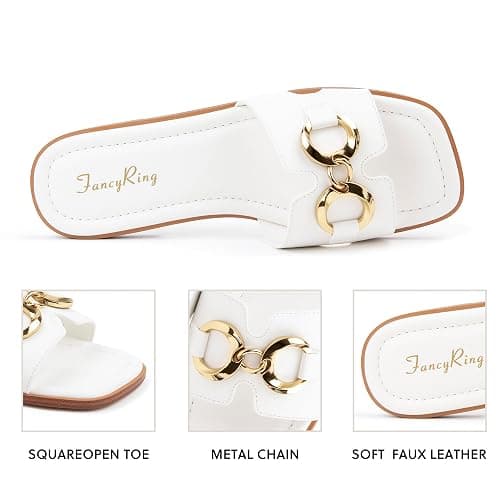 FancyRing Women's Flat Sandals Metal Chain Slip On Dressy Slide Sandals Square Toe Summer Casual Beach Vacation H-Band Sandals thumbnail 4