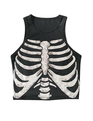 Meladyan Women Y2K Skeleton Graphic Print Aesthetic Crop Tank Top Sleeveless Ribbed Knit Grunge E-Girl Goth Cropped Vest Tops - Image 1