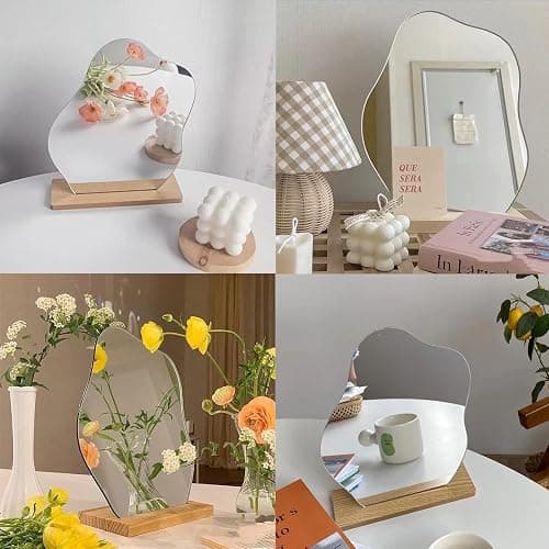 G.Dori Irregular Aesthetic Vanity Mirror Frameless, Decorative Desk Tabletop Acrylic Mirrors with Wooden Stand for Living Room, Bedroom, Office and Minimal Spaces Home Decor - Cloud Shape thumbnail 4