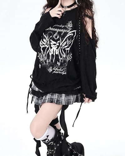 Women Goth T Shirt Harajuku Anime Graphic Y2K Tops Long Sleeve Off Shoulder Grunge Aesthetic Clothes thumbnail 7
