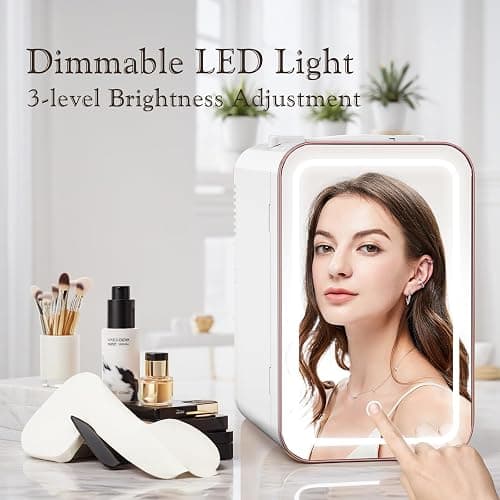 YLFU Mini Fridge for Bedroom, 6L/10 Can Skincare Fridge with Dimmable LED Light Mirror for Dorm & Office, Portable Cooler & Warmer Small Compact Refrigerator for Skincare, Makeup and Cosmetics, White thumbnail 3