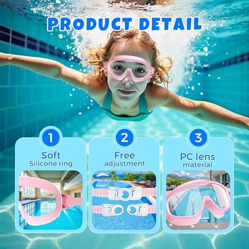 YLKJSWIM Swim Goggles for Kids 3-15 with Earplugs Large Frame Anti-Fog/UV Swimming Goggles for Boys Girls Toddler 2PCS - Coral Purple &Pink thumbnail 5