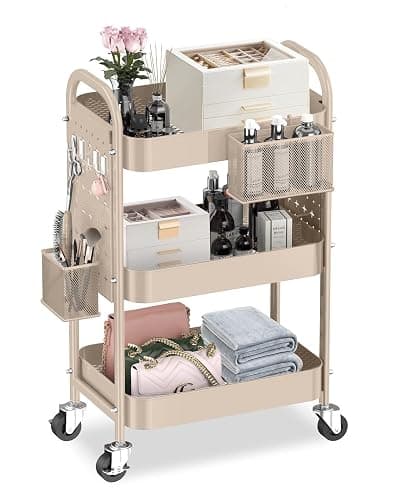 ALVOROG 3 Tier Rolling Cart with DIY Pegboards Metal Utility Cart with Wheels Handles Baskets Hooks, Craft Cart for Office Kitchen Bathroom(Khaki) - Image 1