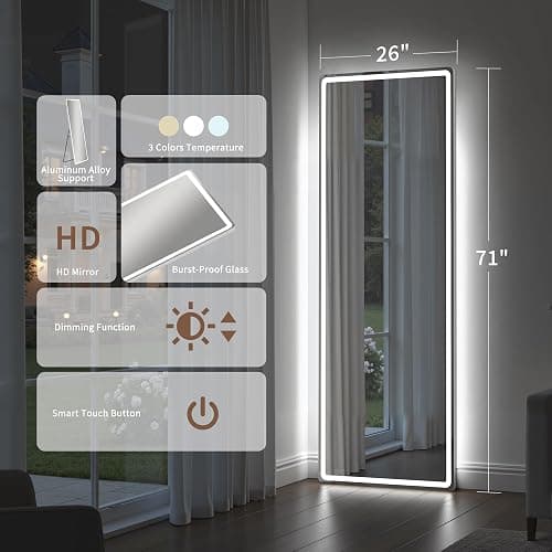 Full Length Mirror with Lights, 71" x 26" LED Floor Mirror, Full Body Dressing Standing Mirrors with Dimming & 3 Color Lighting, Hanging Mounted Mirrors for Living Room Bedroom Cloakroom thumbnail 2