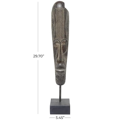 Deco 79 Polystone Mask Decorative Sculpture Slim Carved African Tribal Home Decor Statue with Block Base, Accent Figurine 5" x 6" x 30", Brown - LARGE SIZE - Brown thumbnail 3