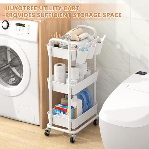 JIUYOTREE 3-Tier Plastic Rolling Storage Cart Utility Cart with Extra Hanging Cups Handles Lockable Wheels for Living Room Bathroom Kitchen Office White thumbnail 5