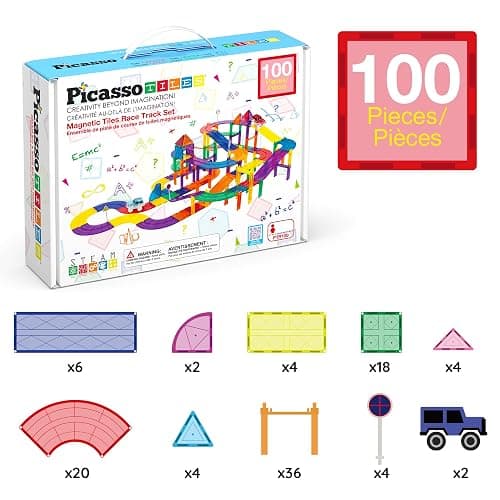 PicassoTiles 100 PCs Race Car Track Set Magnetic Toy Building Block with 2 LED Cars with Height Adjustable Roads Signs Education STEM Building Kit Learning Construction Fun for Boys & Girls Ages 3+ thumbnail 7