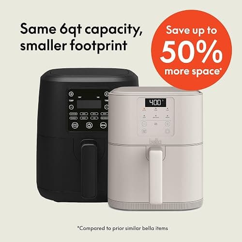 bella 6 Qt Slim Air Fryer, Fits-anywhere™ Kitchenware, EverGood™ Ceramic Nonstick Coating, Adjustable Temperature, 6 Preset Cooking Options, 60 Min Auto Shutoff w Audible Tone, 5lb Capacity, Oatmilk thumbnail 3