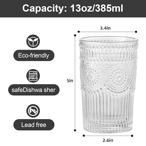 ZMOWIPDL Vintage Glassware Drinking Glasses Set of 6,13 oz Clear Textured Flower Design Glass Water Tumblers，Embossed Striped Drinkware for Water,Cocktails,Juice,Iced Coffee thumbnail 3