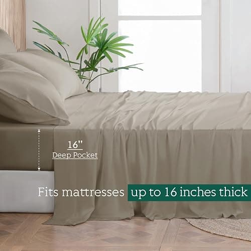 Cooling Sheets Set King Size, Viscose Derived from Bamboo for Hot Sleepers | Deep Pocket Up to 16 Inch | Silky Soft & Breathable Bedding - 4PC (King, Simply Taupe) thumbnail 3