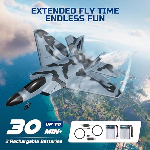 TOIBUS RC Plane, Remote Control Airplane, Drone for Kids and Beginners F-22 Glider Fighter Jet, Ready to Fly 2CH 2.4GHz Flying Toys with LED Lights, 2 Takeoff Modes, Auto Balance, 2 Batteries thumbnail 6