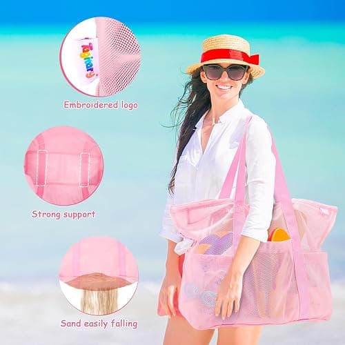 Tagitary Mesh Beach Bag with Zipper Large Beach Tote Waterproof Sandproof with 8 Pockets for Toys Pool Bag Beach Accessories thumbnail 6