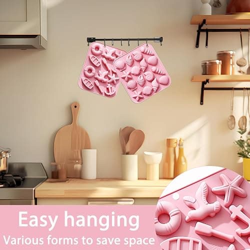 Seashell and Nautical Silicone Mold Set, 2 Pack Pink Ice Cube Trays with Starfish Anchor Shell Designs thumbnail 5