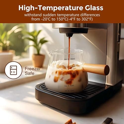 YARRAMATE 2 Pack 6 oz/180ML Glass Measuring Cup with Wooden Handle – Espresso Shot Cups, Ribbed Milk Frothing Pitcher, Dual Scale Markings, V-Shaped Mouth for Easy Pouring thumbnail 3
