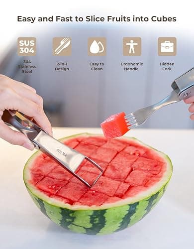 CripsTaste Watermelon Cutter with Retractable Fork, 2-in-1 Stainless Steel Fruit Cutter Watermelon Cutter Slicer Tool, Melon Slicer Cutter Tool for Home Party Camping Kitchen Gadget thumbnail 5