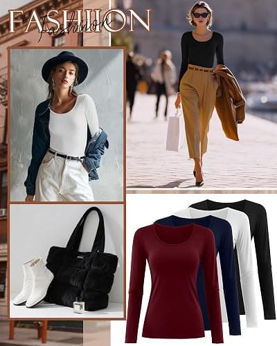 Ficerd 4 Pack Women's Scoop Neck Tops Long Sleeve Slim Fit T-Shirts Stretchy Tight Casual Plain Layering Shirts Tees thumbnail 4