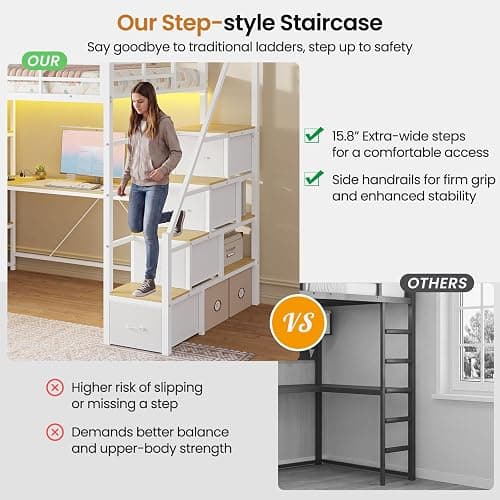 DICTAC Loft Bed Twin Size with Storage Stairs,Desk and Charging Station,Metal Twin Loft Bed with LED Lights,8 Storage Drawers,3-tier Shelves,Loft Beds for Kids,Teens,Adults with Safety Guardrail,White thumbnail 4