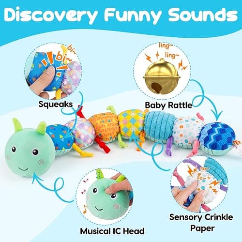 Baby Sensory Toys 0-6 Months Musical Stuffed Caterpillar Tummy Time Toys | Newborn Toys with Mirror Crinkle Rattle for Infants 0-3 3-6 Month 2 3 4 5 6-12 Month Old Babies Boy Shower Gift Essentials thumbnail 3