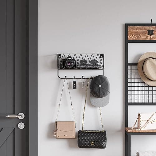 OROPY Entryway Mail Holder with Key Hooks, 11.0" L×2.6" W×5.1" H, Wall Mounted Matte Black Metal Wire Mesh Storage Basket with 5 Hooks, Easy to Organize Letters, Magazines, Keys, Leashes for Entryway thumbnail 2