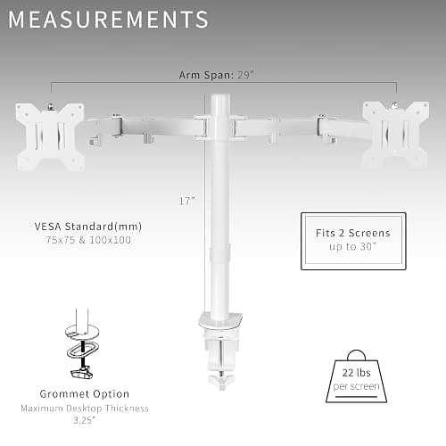 VIVO Dual Monitor Desk Mount, Heavy Duty Fully Adjustable Steel Stand, Holds 2 Computer Screens up to 30 inches and Max 22lbs Each, White, STAND-V002W - White - 13" - 30" thumbnail 6