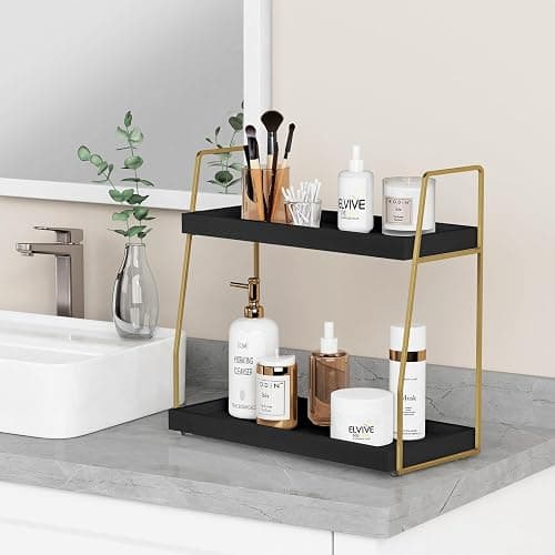 Forbena Black and Gold Bathroom Organizer Countertop, 2 Tier Counter Organizer for Bathroom Decor, Modern Sink Shelf Organizers for Vanity Storage, Make upTray for Makeup Bedroom thumbnail 4