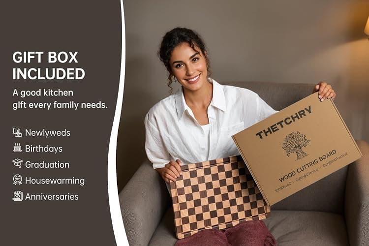 THETCHRY Cutting Boards for Kitchen, Checkered Cutting Board End Grain, Acacia Wooden Chopping Board with Juice Groove & Handle, Serving Tray for Meat, Bread & Fruit, 14"L x 11"W x 0.8"Th thumbnail 7