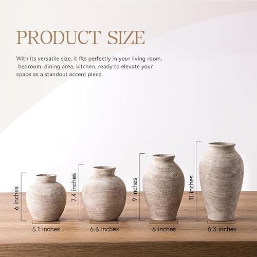 Vanselia Ceramic Flower Vase Home Decor - Farmhouse Table Vases Rustic Vintage Living Room Kitchen Bedroom Decorations for House Book Shelf Office Coffee Desk Dining Fireplace (7.4" Retro) thumbnail 2
