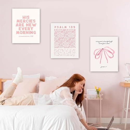 Wonninek Pink Christian Wall Art Decor Posters, Pink Bow Bathroom Bedroom Dorm Wall Art Decor Aesthetic for College Teen Girls Gifts, Inspirational Bible Verses Bow Wall Decor, 8x10 Inch Set of 6 Pcs Unframed thumbnail 8