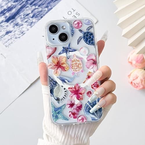 Lovmooful Magnetic Compatible with iPhone 15 Case Compatible with MagSafe Clear Ocean Cute Marine Life Seashell for Girls Women Soft TPU+PC Shockproof Protective Girly-Seahorse thumbnail 3