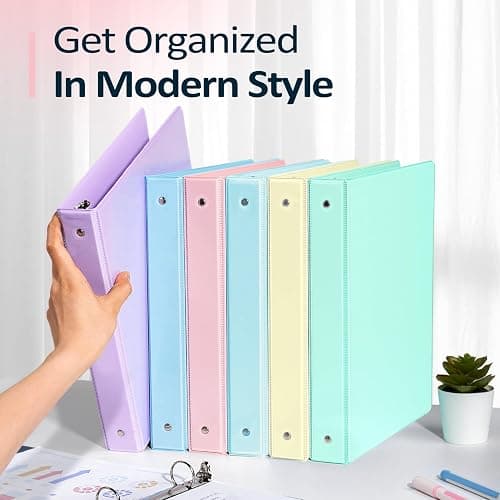 6 Pack Extra Durable 3 Ring Binders 1 inch, Sooez 1” Three Round Ring Binders with Pockets, Cute Customizable Clear View Cover for 8.5 x 11 Letter Size Papers, Pastels School Office Supplies for Girl thumbnail 7