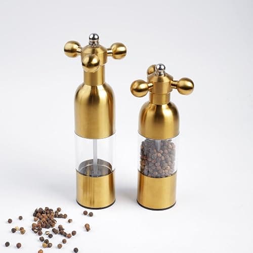 (Gold,2PCS) Salt, Pepper Modern Manual Grinder Set with Solid Handle - Stainless Steel Juego de Molinillo Dorado/Antique Faucet Shakers | Refillable Adjustable Coarseness Mill for BBQ Restaurant, Home thumbnail 4
