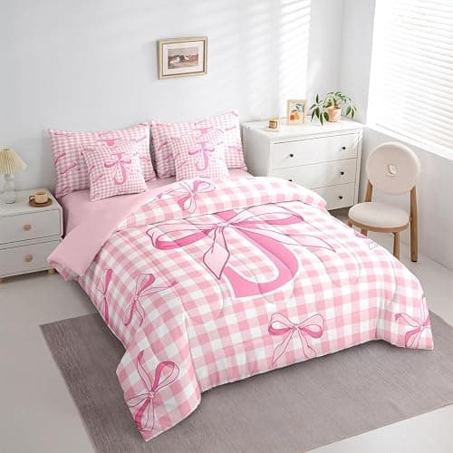 Feelyou Pink Bow Comforter Set with Sheets 7 Piece Full Size Cute Checkered Bowknot Bedding Set for Kids Boys Girls Personalized Initial J Bed in a Bag Room Decor Soft Lightweight Microfiber thumbnail 3
