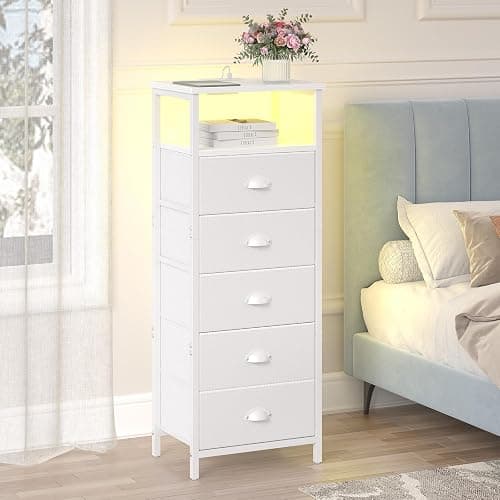 sthmec Nightstand with Charging Station,LED White Nightstands with 5 Fabric Drawers PU Finish, Bedside End Tables, 2-Tier Open Storage Shelf Side Table Nightstand with Drawers for Bedroom,White thumbnail 2
