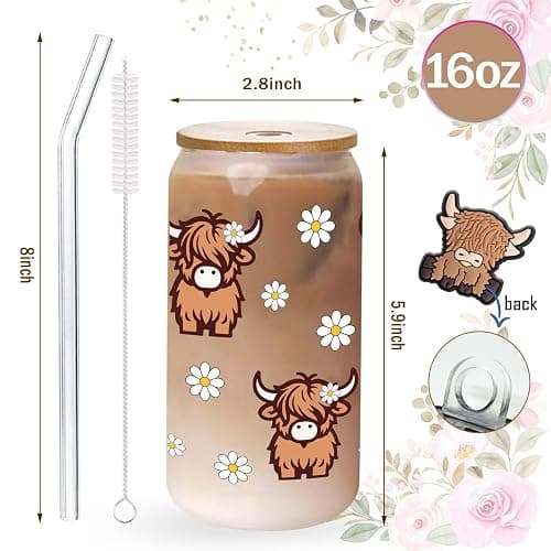 Highland Cows Gifts for Women Highland Cow Lovers Decor Print Stuff Coffee Cup with Cow Straw - Cute Coffee Cups/Tumbler Christmas Birthday Gifts for Women Girls, Glass Cup with Lid and Straw 16oz thumbnail 3