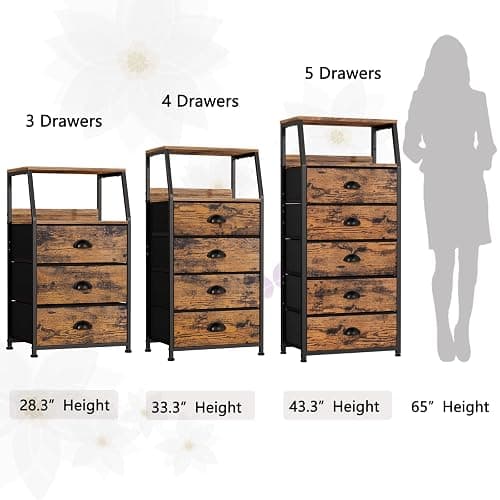 Furnulem Tall 5 Drawers Dresser, Vertical Storage Tower Fabric Dresser for Bedroom, Hallway, Entryway, Nursery, Closet Organizer, Nightstand Bedside Table Furniture, Sturdy Steel Frame, Wood Top thumbnail 7