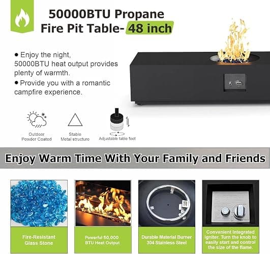 SUNPEAK 48" Rectangular Propane Firepit with Round Burner – 50,000 BTU Fire Pit Table with Lid, Rocks, Cover and Tank Storage – Outdoor Modern Fireplace for Deck or Patio (Black, 48" Standard) thumbnail 5