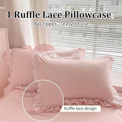 3 Pieces Pink Ruffle Duvet Cover Set for Girls Women Lace Bedding Set with 2 Pillowcases Soft Microfiber Duvet Cover Double 200 x 200 cm thumbnail 4