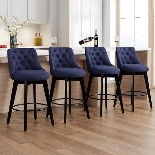 Virabit Swivel Bar Stools Set of 4, Linen Counter Height Bar Stool with Back, Upholstered Bar Stools for Kitchen Island, Dining, Cafe, Pub (Navy Blue) - Set of 4 - Blue - Image 1