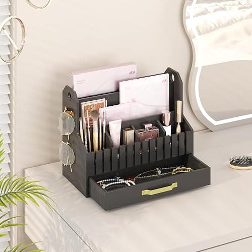 Bamboo Mail Organizer Countertop with Drawers, Wood Desk File Organizer Desktop Paper Organization Storage Bill & Letter Sorter Holder for School Home Office Supplies, No Assembly Required (Black) thumbnail 8