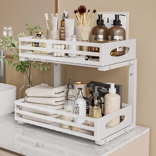 Under Sink Organizer, 2 Tier Under Sink Organizers and Storage, Adjustable Height, Slide out Metal Cabinet Organizers, Pull out Cabinet Storage Drawer Shelf for Kitchen Bathroom thumbnail 7