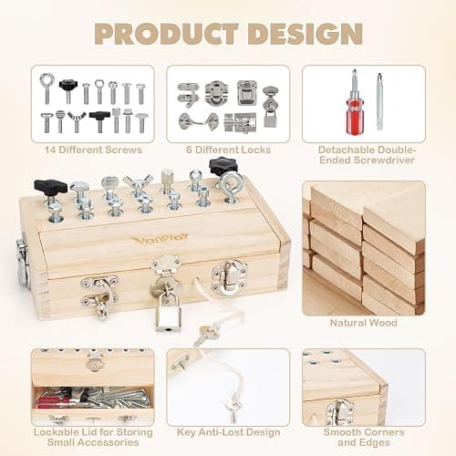 Vanplay Montessori Toys for 3 4 5 Year Olds, Montessori Screwdriver Board Set with Lock and Key - Kids Tool Set for Toddlers Travel, Fine Motor Skills Wooden Toys thumbnail 6