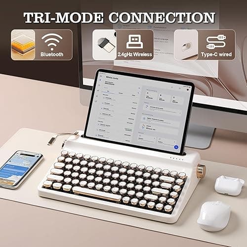 YUNZII QL75 Wireless Typewriter Hot Swap Retro Mechanical Keyboard,Punk Round Keycaps,RGB Backlit QMK/VIA Programmable, Multi-Device Keyboard with 2.4GHz/Type-C/BT5.0 (White, Cocoa Cream V2 Switch) thumbnail 4