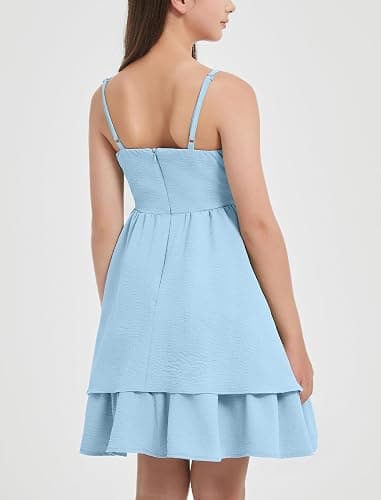 EXARUS Girls Flowy Ruffled Hem/Puff Bubble Dress Teen Ruched Summer Adjustable Spaghetti Strap Casual Cami Mini Dresses - Ruffled - 12 Years - Blue Ruffled thumbnail 4